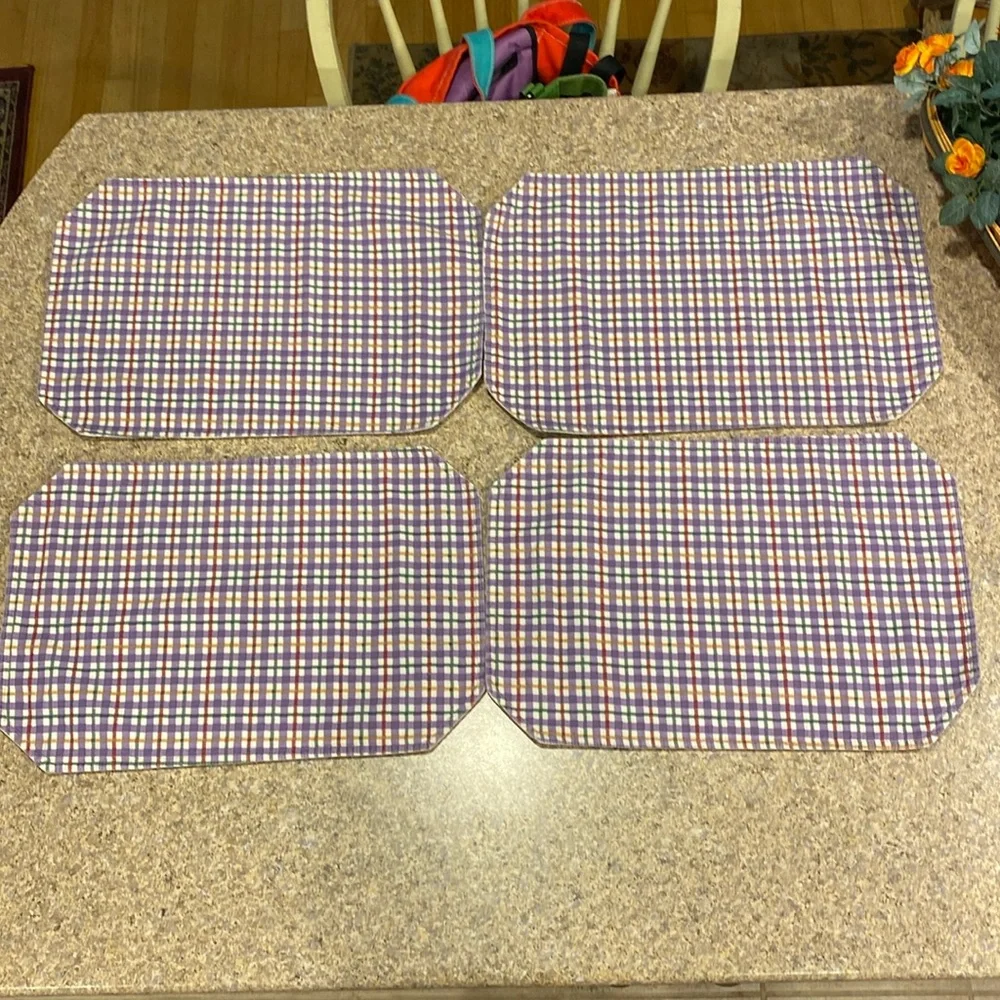Longaberger 4 Placemats Fruit Medley and Blueberry Plaid USED WITH FADING/STAINS